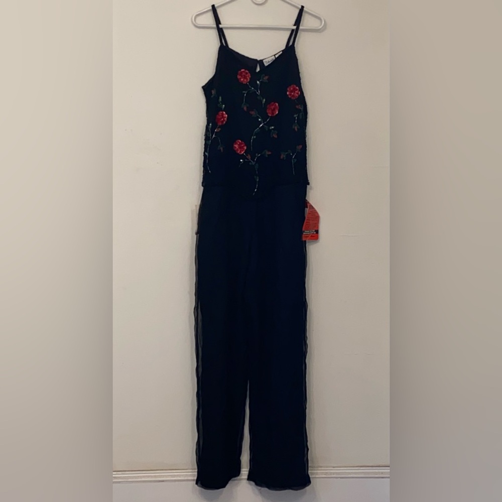 VTG Handmade Styleworks Floral Jumpsuit Romper SZ 10 Black 100% Silk Beaded NWT